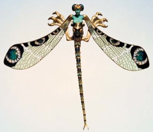 Lalique "Dragonfly Woman" Gold Brooch with Diamond, Moonstone and Chrysoprase